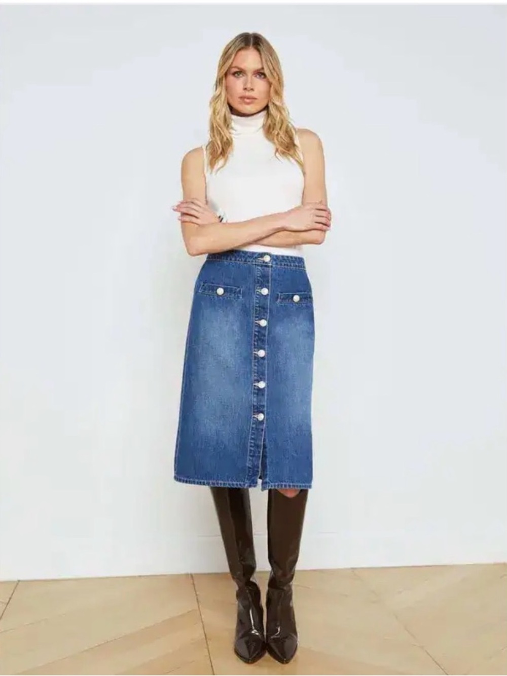NWT L'AGENCE LANDRY BLUE DENIM BUTTON FRONT MIDI SKIRT SIZE 29